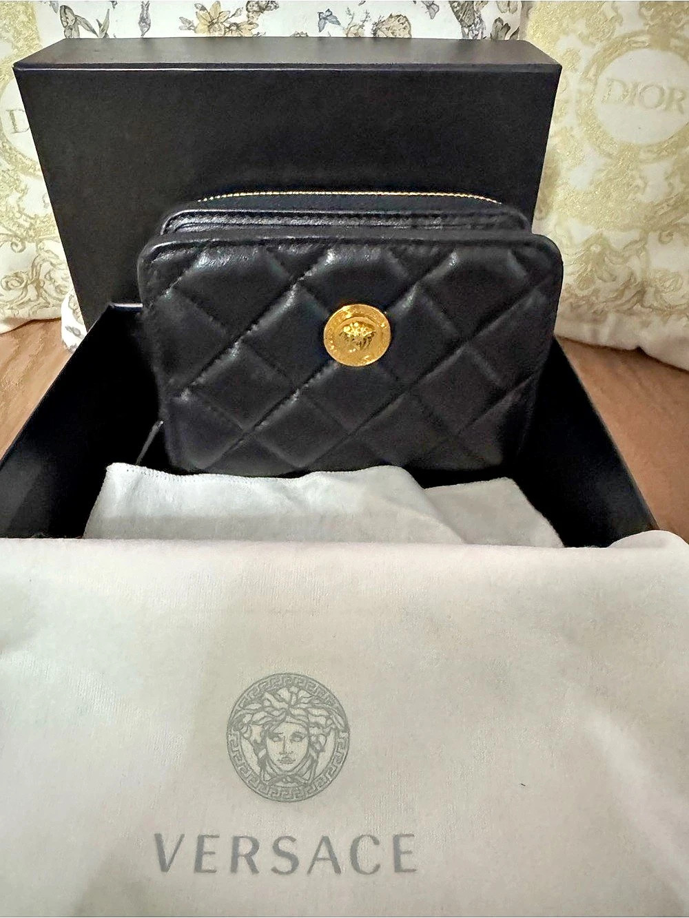 Versace Quilted Medusa Compact Wallet in Black